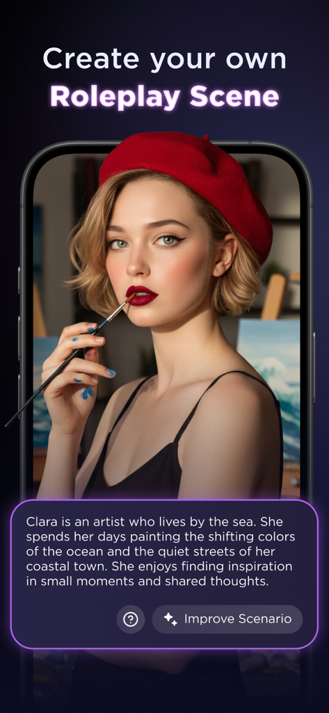 Lovevo: AI Roleplay Platform - Interfaz de la aplicación Lovevo que muestra un personaje llamado Clara con una descripción del escenario de roleplay de artista.