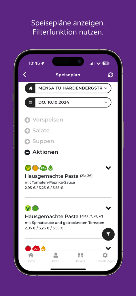 Smartphone-Bildschirm mit dem Cafeteria-Speiseplan der Mensa TU Hardenbergstr in der studierendenWERK BERLIN App.