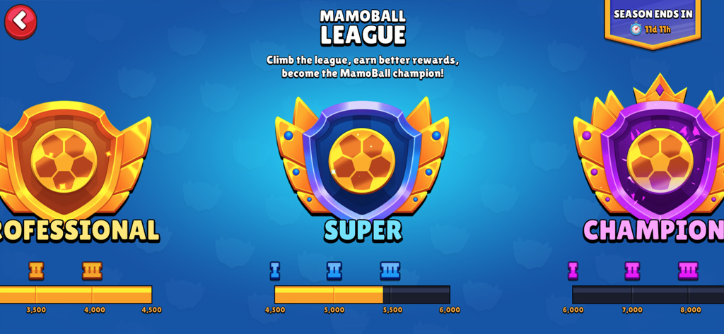 MamoBall - Soccer Game - MamoBall league ranking screen featuring Professional Super and Champion tiers