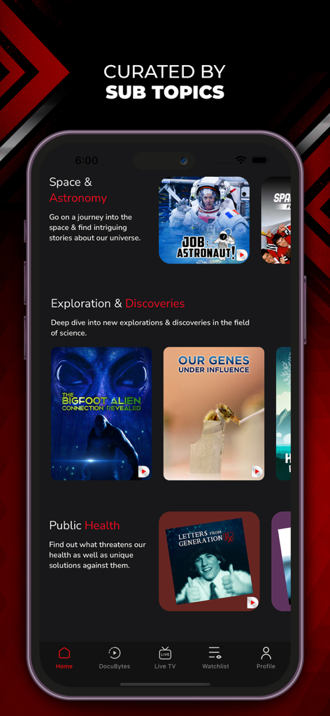 DocuBay - Watch Documentaries - DocuBay App zeigt kuratierte Dokumentationskategorien nach Unterthemen