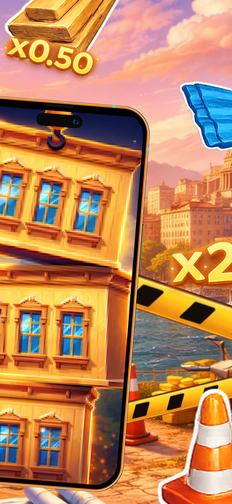 Energy Budget: Shape Wisely! - A smartphone screen showing a gamified building construction scene with resource multipliers and construction materials