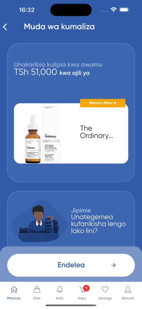 Tunzaa mobile app interface showing a 6 month savings goal plan for a skincare product in Swahili