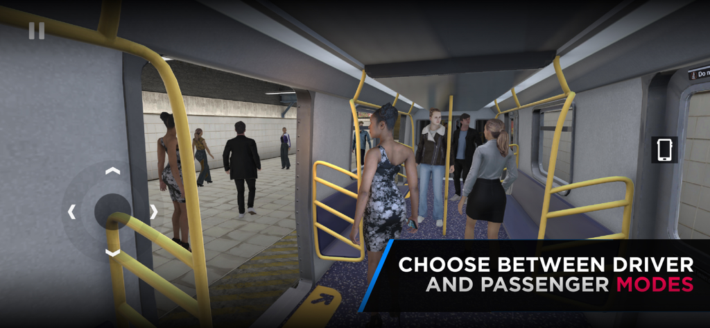 Interior view of a subway train car with passengers and text overlay highlighting the choice between driver and passenger modes