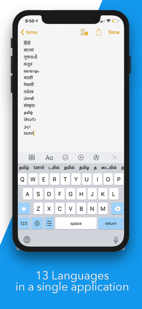 Indic Keyboard : 13 Languages - iPhone screenshot of the Indic Keyboard app showing support for 13 Indian languages with phonetic transliteration in the Notes app