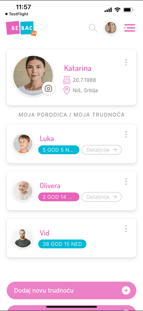 Bebac - Bebac app dashboard showing a mother's profile and the developmental progress of her children in Serbian.
