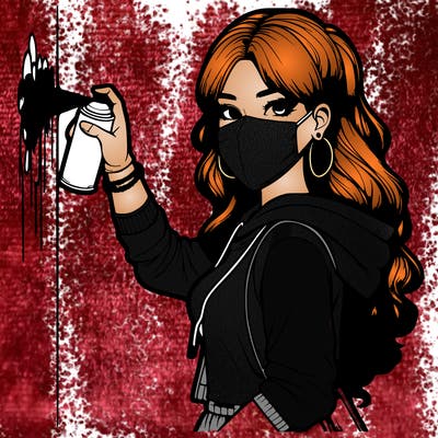 realistic girl with mask spray painting a wall