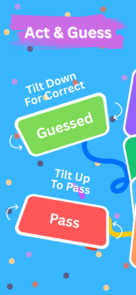 Charades: Guess the Word Game - Instructions for the Charades game showing how to tilt the phone down for correct guesses and up to pass.