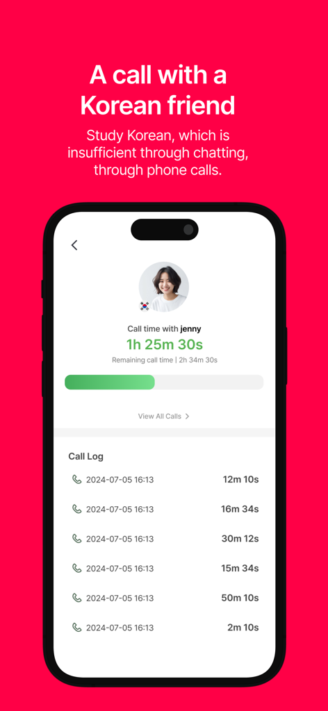 Interface of KFriends app displaying call duration and logs with a Korean language partner.