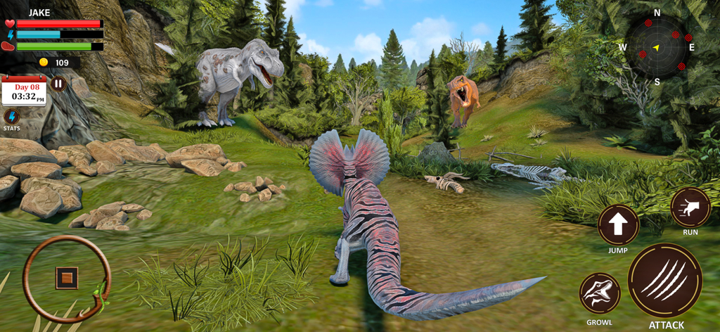 A Dilophosaurus faces a T-Rex in a lush forest during a 3D dinosaur survival simulation game.