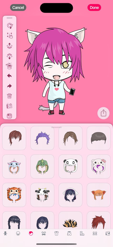 Chibi Studio Avatar Maker - Interface of Chibi Studio showing a pink haired character being customized with various hairstyles and animal hats