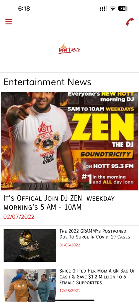 Hott 95.3FM - Entertainment news feed in the Hott 95.3FM app featuring DJ Zen morning show announcement and celebrity news articles.