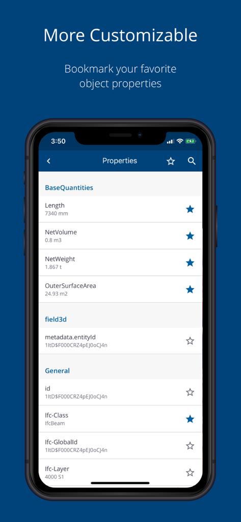 Interface of Trimble Connect mobile app showing customizable BIM object properties and bookmarking features
