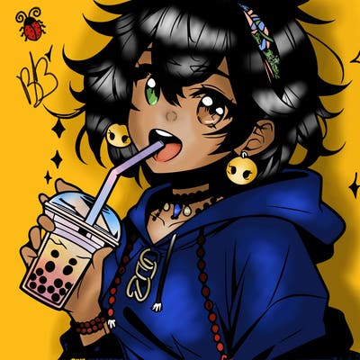 hot baddie anime girl drinking boba and biting the straw