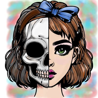 realistic girl with half skull mask