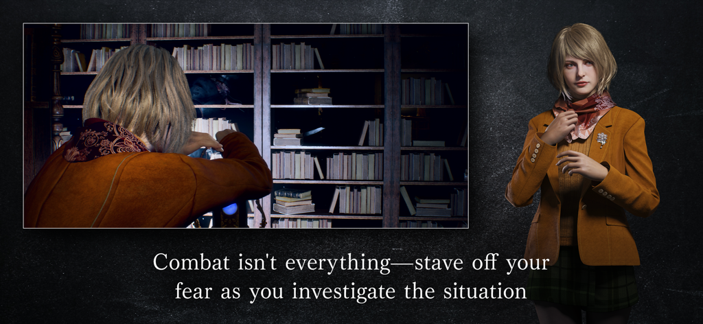 Resident Evil 4 - Retrato del personaje de Ashley Graham y escena de jugabilidad de Resident Evil 4 que muestra elementos de investigación