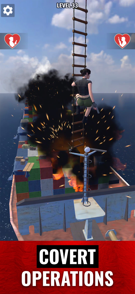 Mr and Mrs Shooter: City Hunt - Eine weibliche Figur klettert über eine Seilleiter über ein Frachtschiff mit Explosionen in einem Action-Shooter-Spiel