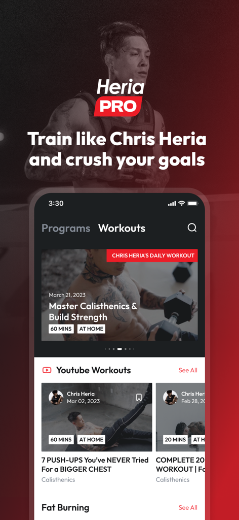 Heria Pro App-Oberfläche mit Calisthenics-Workout-Programmen und YouTube-Fitnessvideos