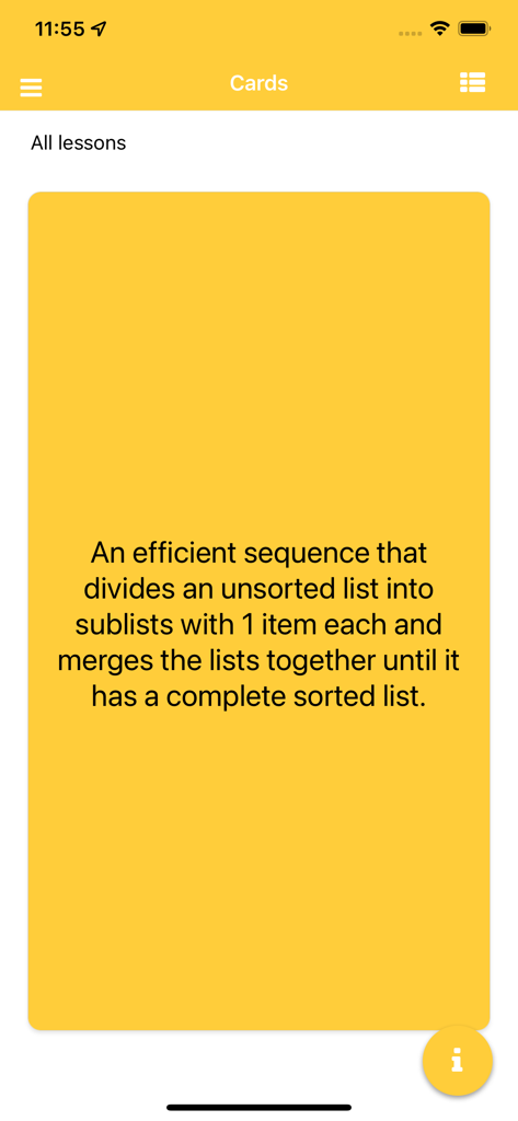 GCSE Computer Science Pro - GCSE Computer Science Proアプリの黄色いデジタルフラッシュカードで、ソートアルゴリズムのシーケンスを説明しています。