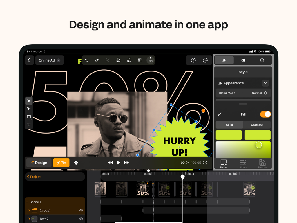 Linearity Move Motion Graphics - Linearity Move iPad app interface showing design and animation tools for social media graphics