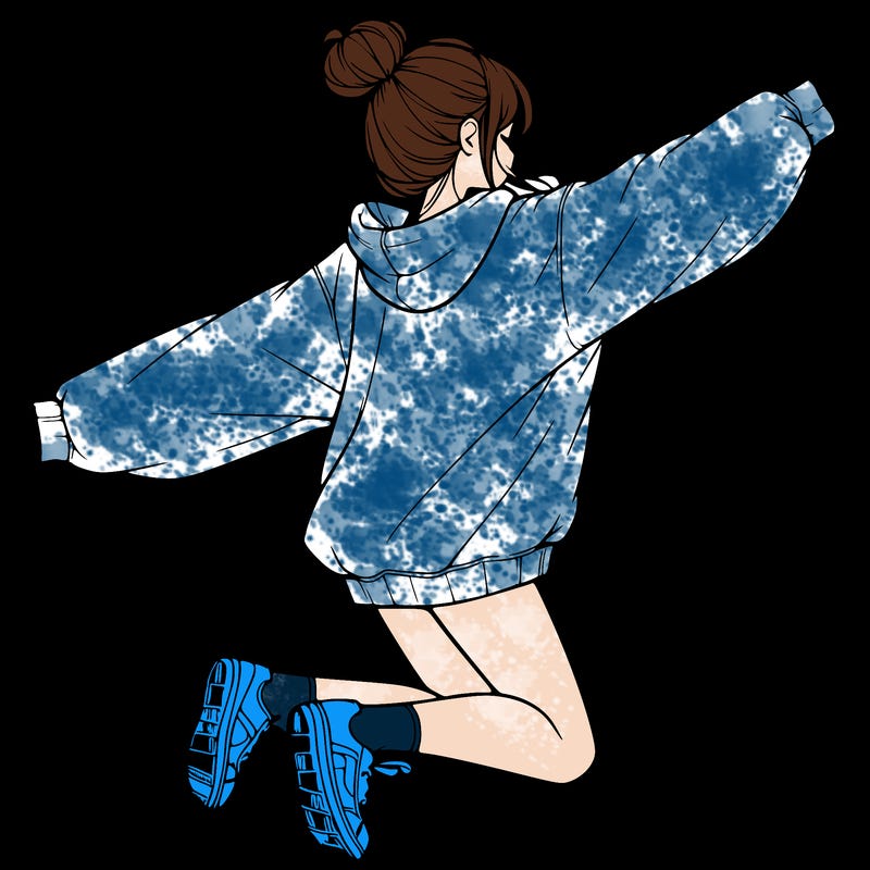 realistic girl jumping with a bun and oversized sweatshirt