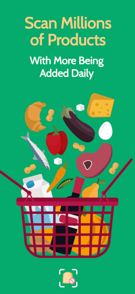 Gluten Free Scanner: Is It GF? - Ilustração de uma cesta de compras cheia de alimentos frescos e texto dizendo Escaneie Milhões de Produtos