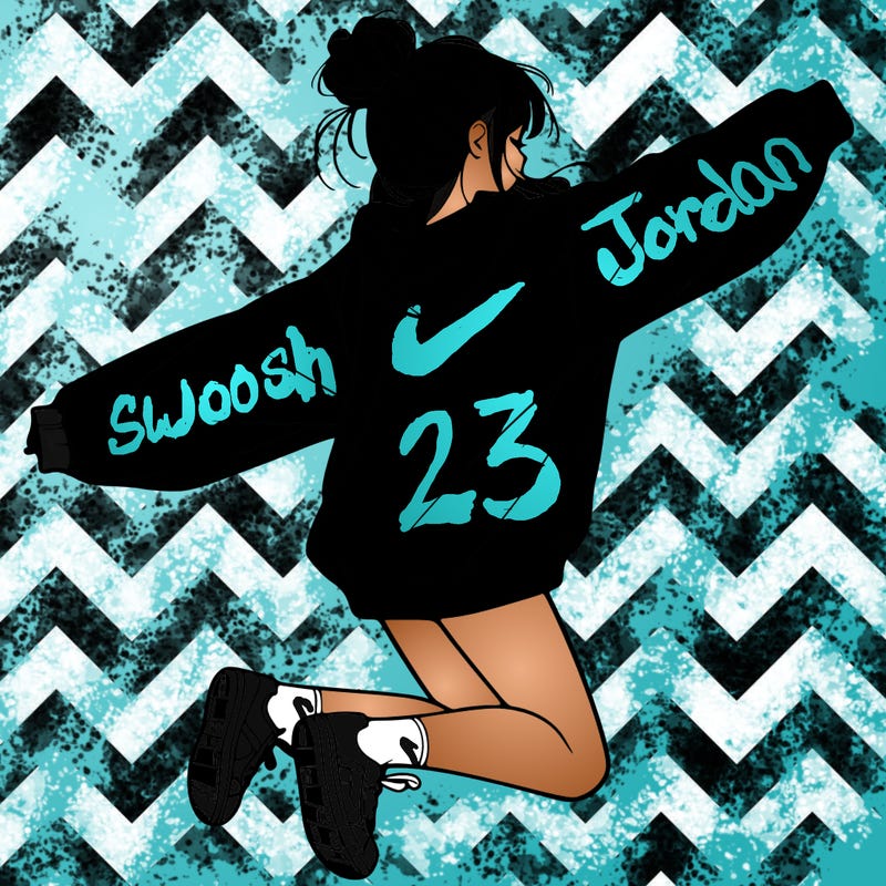 realistic girl jumping with a bun and oversized sweatshirt