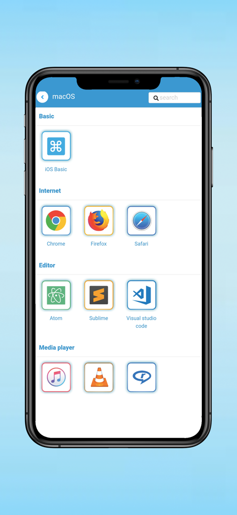 Learn keyboard Shortcut keys - Mobile screen displaying shortcuts for macOS applications like Chrome, Firefox, Safari, and Visual Studio Code.
