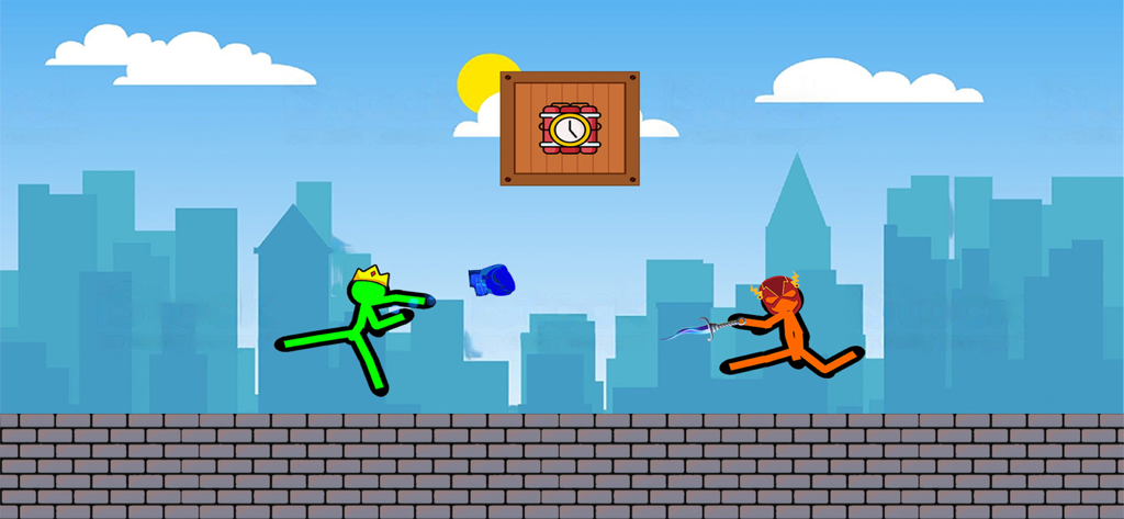 Stickman Warriors: Fight Games - Two stickman warriors fighting in a city landscape with weapons and ragdoll physics