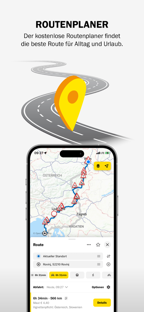 Pantalla de smartphone que muestra el planificador de rutas de la aplicación OeAMTC con un mapa y detalles del viaje