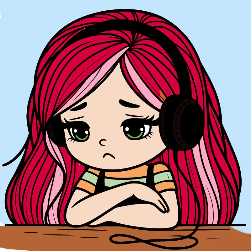 sad girl with long hair listening to music