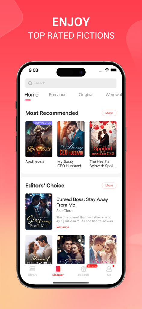 Homepage of the Novella app showcasing top rated fiction and recommended romance novels