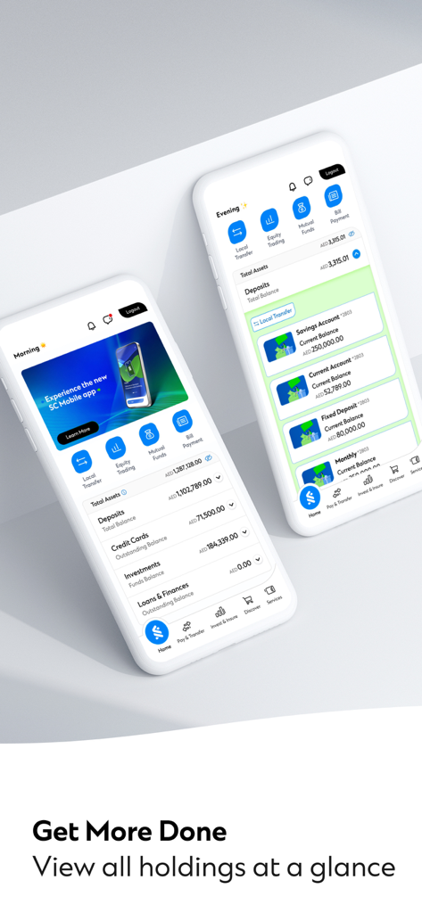 SC Mobile Banking (UAE) - SC Mobile Banking app dashboard showing total assets and account balances on two iPhones