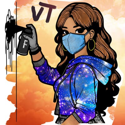 realistic girl with mask spray painting a wall