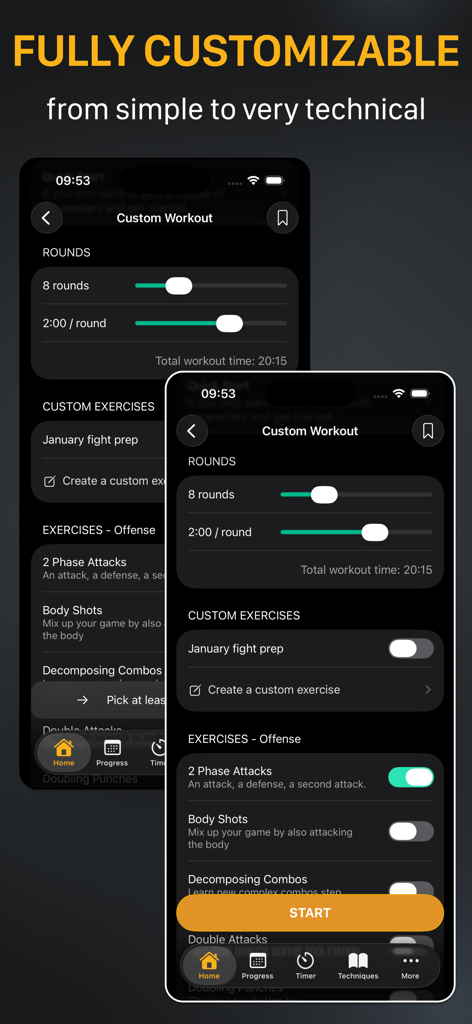 Interface of the Shadow Boxing Workout app showing customization options for rounds, duration, and specific boxing exercises.