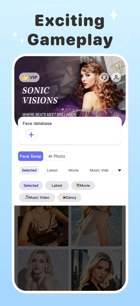 Interfaz de la aplicación PIX plus mostrando funciones de intercambio de caras IA y generación de video creativo