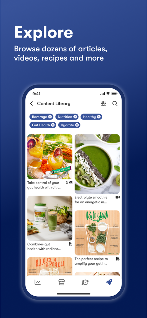 Amway+™ - Amway plus app content library showing wellness articles and healthy recipes