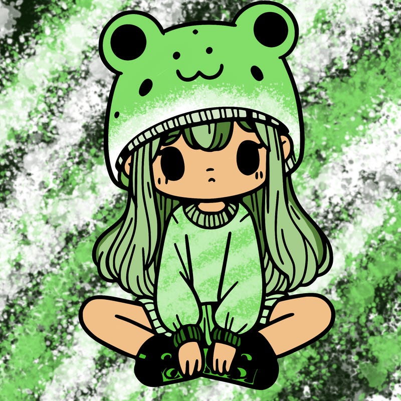 a girl wearing a frog hat and some frog socks