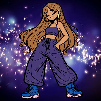 girl in baggy pants crop top and long hair