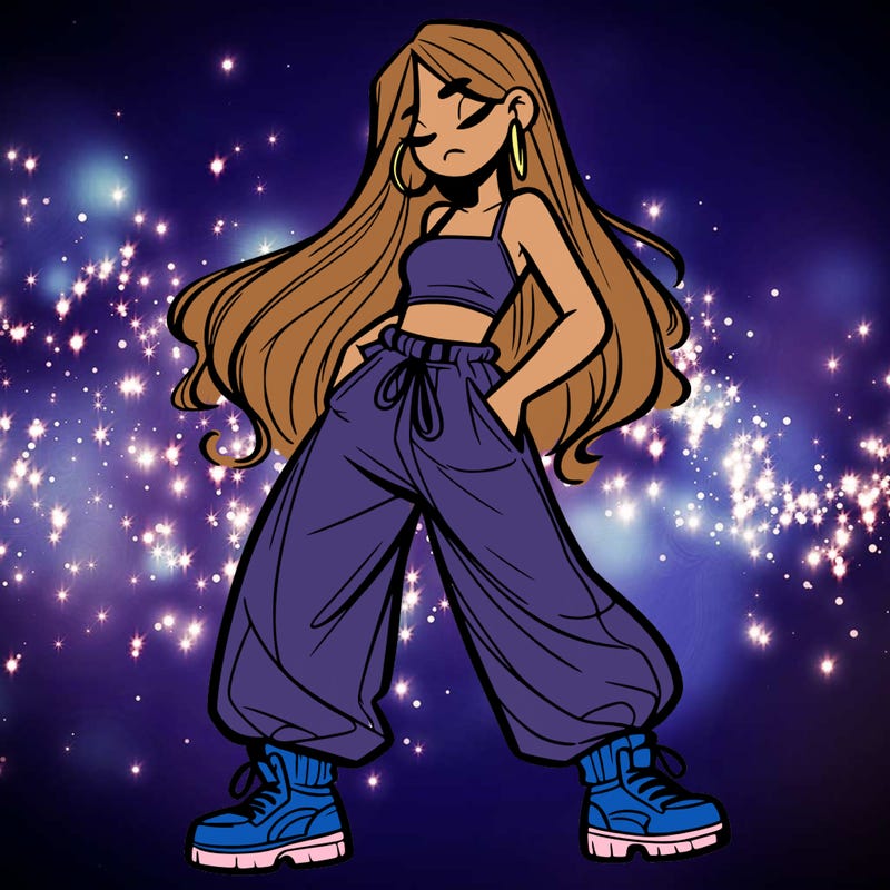 girl in baggy pants crop top and long hair
