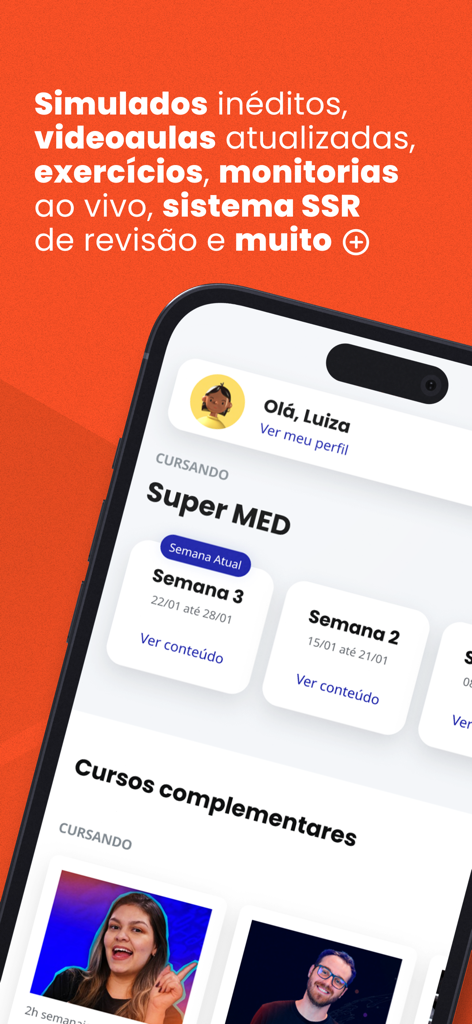 Captura de tela do painel do aplicativo Aprova Total mostrando um perfil de estudante e um plano de estudos semanal para exames de admissão em medicina