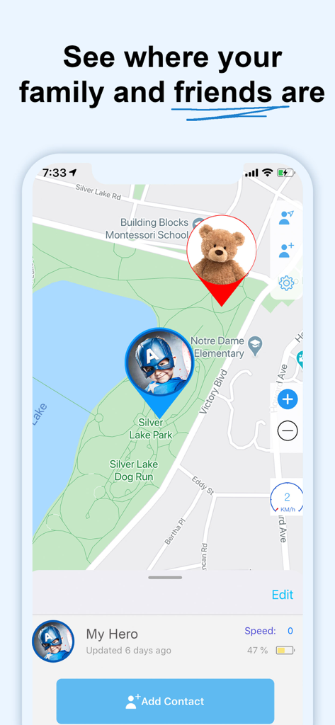 Interfaz de la aplicación Encuentra a mi Familia, Amigos y Teléfono que muestra las ubicaciones de los miembros de la familia en un mapa con el estado de la batería