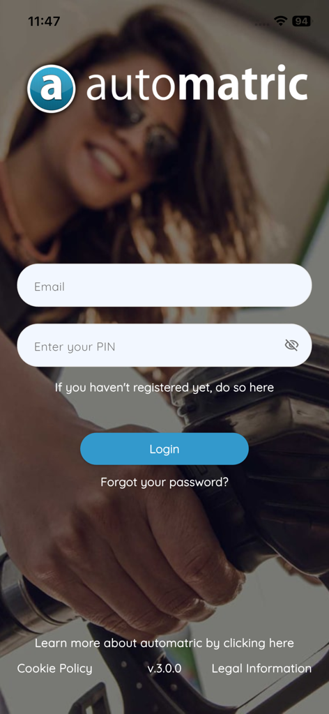 automatric - Página de inicio de sesión de la aplicación Automatric que muestra los campos de correo electrónico y PIN.