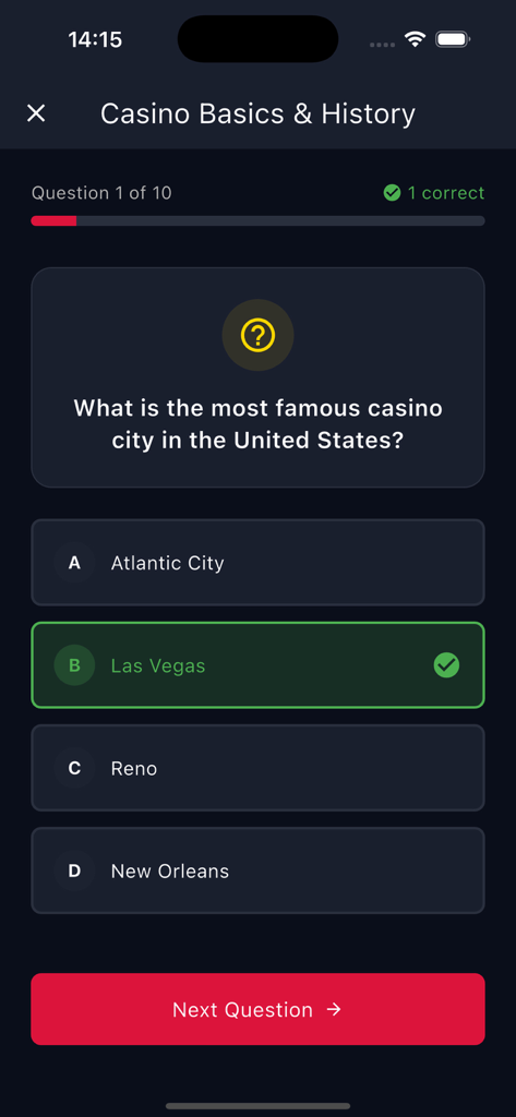 Casino Universe - Ein Screenshot der Casino Universe App zeigt eine Quizfrage über die berühmteste Casino-Stadt der Vereinigten Staaten mit Las Vegas als richtig beantwortete Antwort.