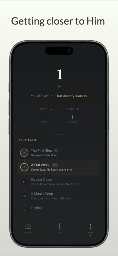 One Question to Jesus - Una pantalla de la aplicación Una Pregunta a Jesús que muestra un camino de progreso espiritual y el seguimiento de la racha diaria.