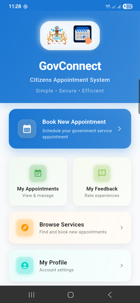 Pantalla de inicio de la aplicación GovConnect GY con un menú para reservar y gestionar citas gubernamentales en Guyana.