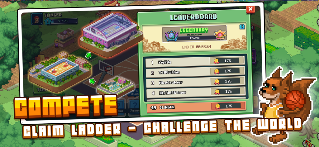 Pixel Basketball: Multiplayer - Leaderboard screen in Pixel Basketball Multiplayer showing player rankings and legendary league status