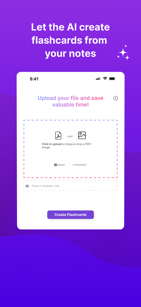 Interface de l'application Retain pour télécharger des fichiers et des liens vidéo afin de générer des cartes mémoire à l'aide de l'IA