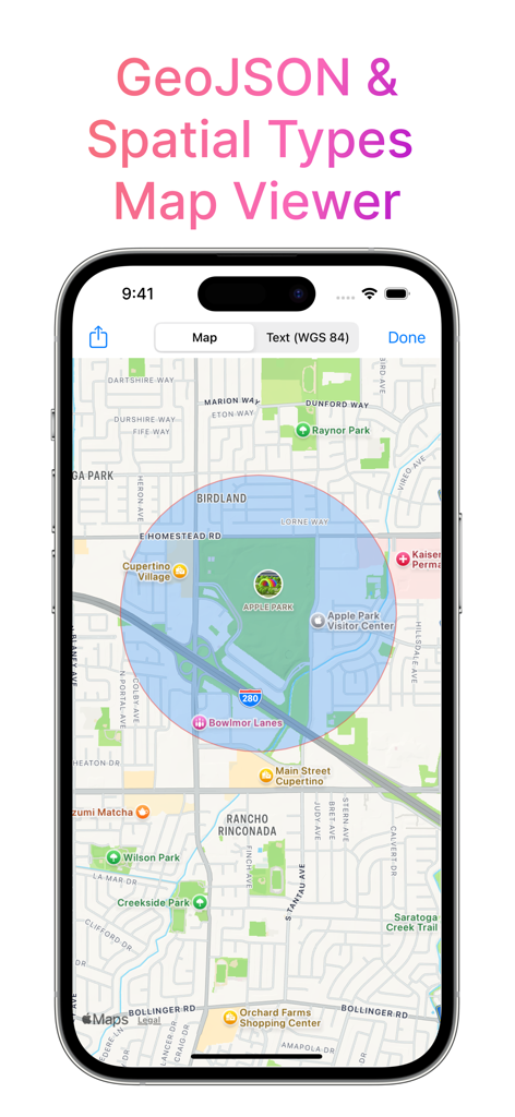 Interfaz del Visor de Mapas de Tipos Espaciales y GeoJSON en la aplicación Cliente Móvil MySQL mostrando un punto de datos en un mapa