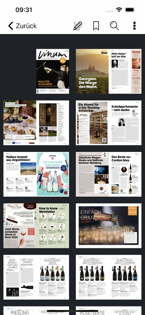 Digital magazine pages showing wine reviews and articles in the VINUM app