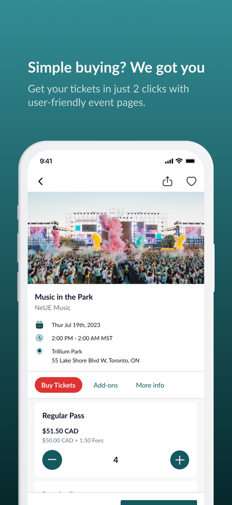 Showpassアプリのインターフェイスに、コンサートイベントページが表示され、チケット購入ボタンとパスの数を選択するオプションがあります。